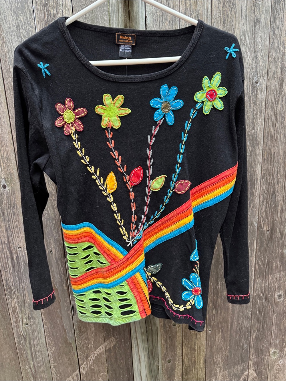 Rising International Black Long-Sleeve hand embellished Tee with Rainbow Trim